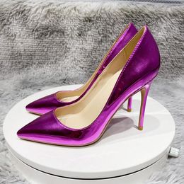 Chaussures habillées brillant violet femmes brevet bout pointu talon haut fête de mariage 8cm 10cm 12cm personnaliser dames brillant pompes à talons aiguilles