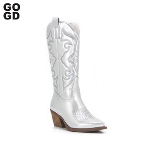 Dress Shoes Gogd Cowboy Pink Cowgirl Boots For Women Fashion Zip geborduurde puntige teen chunky hiel midden kalf westerse laarzen shinny schoenen 230225