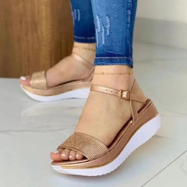 Zapatos de vestir, Sandalias de cuña doradas y negras para mujer, Sandalias de gladiador con correa en el tobillo de talla grande 43 para mujer, verano 2023