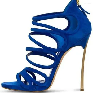 Zapatos de vestir Hoja de oro Tacones de metal Sandalias con tiras Azul Rojo Gamuza Hueco Tacón alto Jaula Punta abierta Correa cruzada Pista