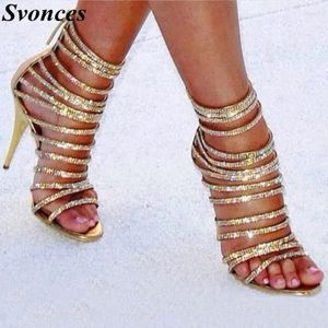 Zapatos de vestir Cristales de oro Punta abierta Tacones altos Stilettos Elegantes Rhinestones Sandalias de tiras Gladiador Tacón de verano Mujer Boda