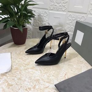 Chaussures de robe Gold Lock Design Femme Stiletto Talons hauts Laies Pompes Bout pointu Designer sexy pour femmes Bride à la cheville