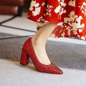 Chaussures habillées or argent mariage femmes pompes talons hauts bloc paillettes tissu bout pointu demoiselle d'honneur fête bureau sans lacet dame