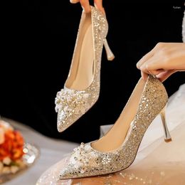 Dress Shoes Gold Wedding Women Xiuhe Twee-dragende bruids dunne hak Crystal High Silver Pumps