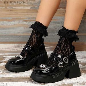 Chaussures habillées Plate-forme gothique Mary Jane Lolita chaussures femmes noir en cuir verni talons hauts pompes femme coeur boucle gros talon Y2K chaussures T230928