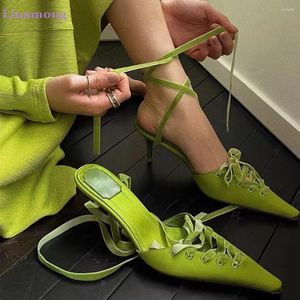 Geklede schoenen Groen Enkel Gekruist Dunne Hoge Hak Pompen Voor Vrouwelijke Vrouwen Puntschoen Sexy Elegant Ondiep Mode Feestmeisjes