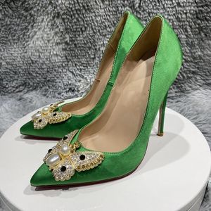 Kleding schoenen groen sexy zijden satijnen doek puntige teen pompen nestiletto glanzende diamantge buckle 12 cm hakken ondiepe hoge hak bruiloft schoen