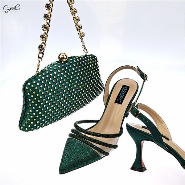 Zapatos de vestir verdes para mujer y conjunto de bolsos 2023, zapatos de lujo con punta en pico para mujer que combinan con el bolso, sandalias, embrague, Escarpins para mujer QSL056