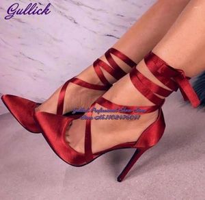 Kledingschoenen Gullick Red Satijnen Doek Riband Veterpompen Pointed Teen Silk Fabric Cross Strappy Wedding Stiletto Heel Pink Black