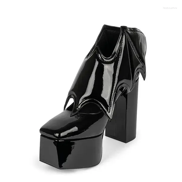 Zapatos de vestir Mocasines de Halloween Plataforma de tacón grueso negro Charol Estilo de ala de murciélago Punta cuadrada Moda Mujer Invierno Chica fresca Casual