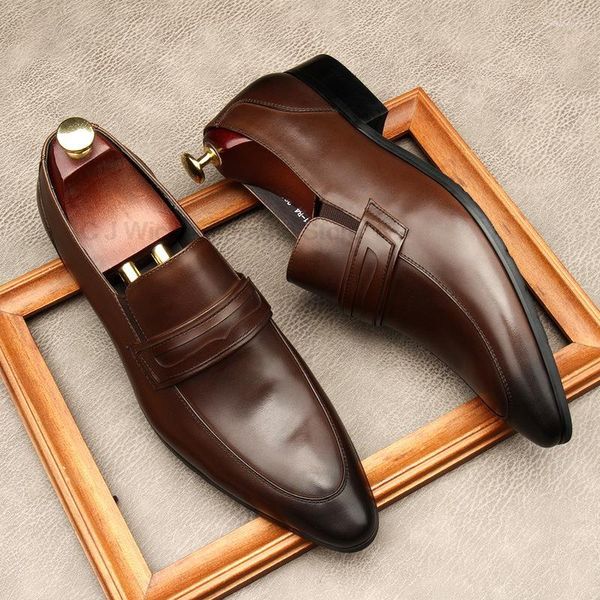 Chaussures habillées faites à la main en cuir de vache véritable hommes café noir social mocassins de mariage formels bout pointu chaussure de bureau élégante