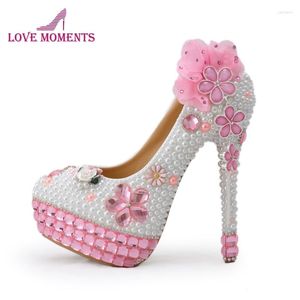 Chaussures habillées faites à la main en cristal rose talons hauts Bling strass et perle blanche mariage talon de mariée fête bal