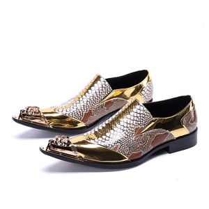 Zapatos de vestir hechos a mano punta de metal punta de cuero genuino hombres piel de serpiente fiesta de noche boda peinado Sexy oro Oxfords 230320