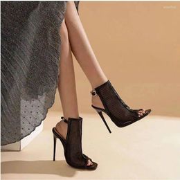 Zapatos de vestir Sandalias de tacón para mujer Punta abierta Cuadrado Señoras Moda Malla Stiletto Lace Up Tacones con tiras