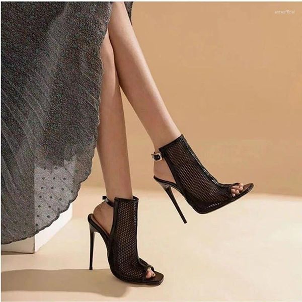 Robe chaussures sandales à talons pour femmes bout ouvert carré dames mode maille stiletto à lacets talons à lanières