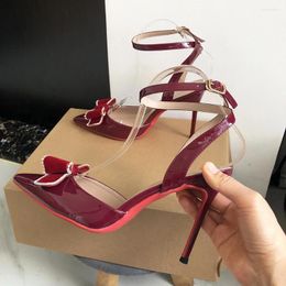 Chaussures habillées theelgoo designer vin rouge avec arc haut talons sandales féminines