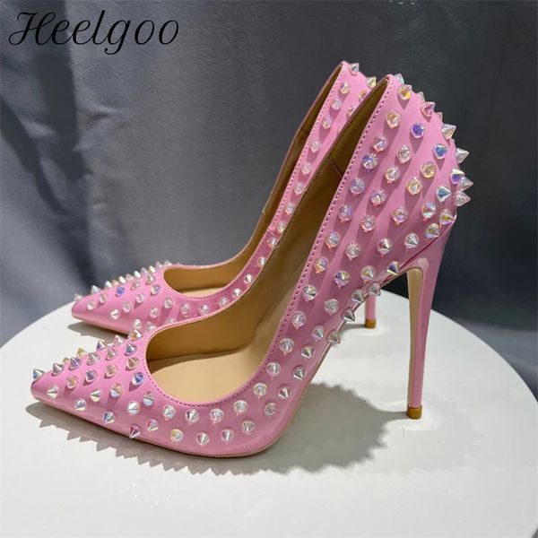 Chaussures habillées Heelgoo brillant pointes femmes brevet rose bout pointu sexy chaussures de fête à talons hauts rivets goujons dames sans lacet pompes à talons aiguilles 8-12 cm 231030