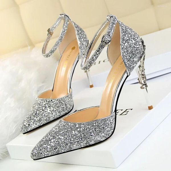 Robe chaussures talons 2024 femme pompes paillettes hautes femmes mode dames or argent stiletto sandales