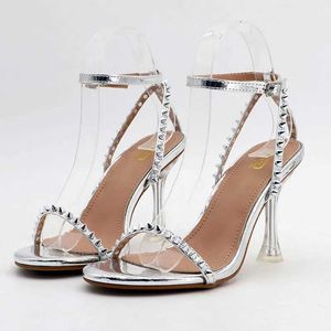 Chaussures habillées sandales à talons hauts femmes 2023 Fétiche de luxe d'été 9cm Silver Transparent Party Wedding Plus taille 42 H240423