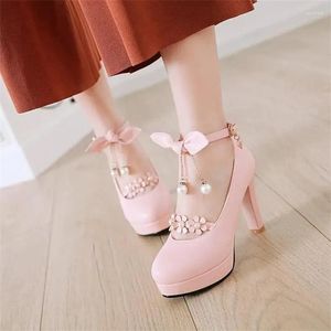 Zapatos de vestir chicas de tacón alto de 10 cm lolita rosa perlas flores estudiante femenina PU Mujeres gruesas Té de verano