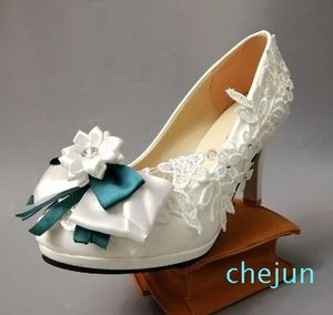 Zapatos de vestir Tacones altos Blanco Arco verde Bombas de encaje de boda nupcial para mujer Plus Ladies Flower Girl Party WhiteDress