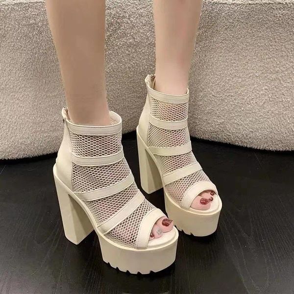 Robe chaussures talons hauts femmes sandales peep toe sexy maille noire plate-forme talon carré 2024 qualité été femmes