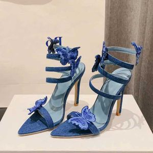 Robe chaussures haute qualité broderie papillon bride à la cheville sandales femmes sexy orteil gladiateur talons été robe de soirée chaussures bleu h240401
