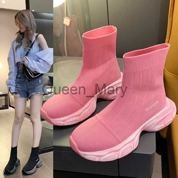 Chaussures habillées High Top Sneakers Femmes Chaussettes Chaussures 2023 Tricoté Rose Sneakers Chunky Sneakers Baskets De Luxe Stretch Tissu Cheville Bottes J230807