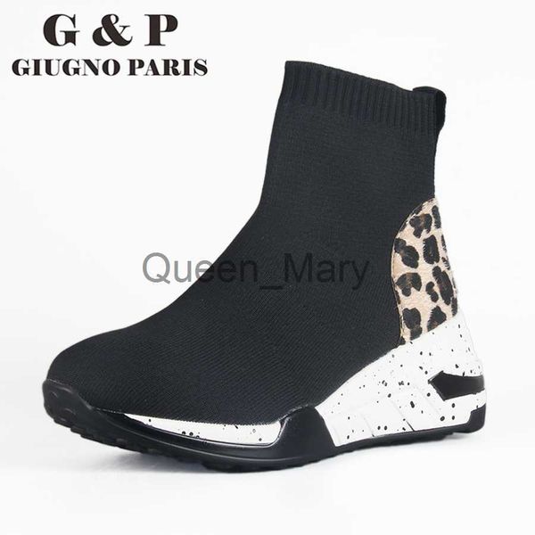 Chaussures habillées haut chaussette chaussures femmes plate-forme baskets dames causal mode chaussette tricotée chaussures slip sur léopard marque supérieure designer J230807