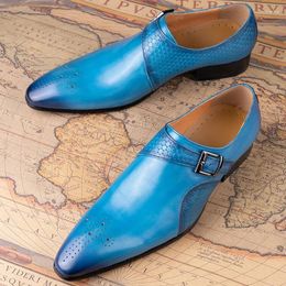 Zapatos de vestir Hombres de mayor calidad Mocasines Zapato Moda Azul Negro Transpirable Hecho a mano Cuero genuino Slip-On Monk