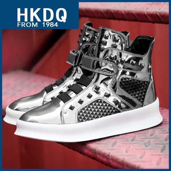 Dress Shoes HKDQ luxe en cuir verni chaussures de sport décontractées hommes mode Rivet haut mâle Skateboard chaussures plate-forme Hip-hop hommes baskets