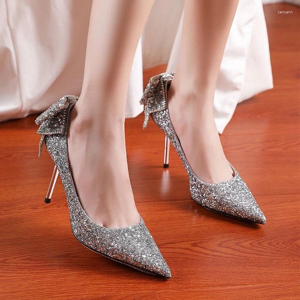 Chaussures habillées paillettes de glace Pumps pour femmes argent étincelle arc stiletto de mariage des orteils de la fête de mariage talons-talons