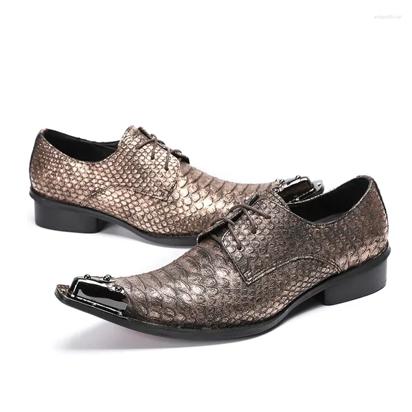Chaussures habillées mode italienne bronze peau de serpent véritable cuir Oxford pour hommes à lacets en acier orteil hommes mariage formel