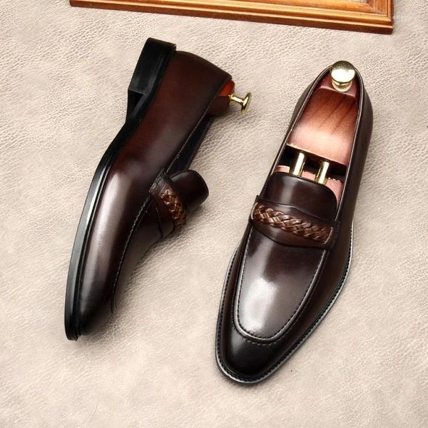 Zapatos de vestir italianos planos para hombre mocasines de negocios marca de cuero genuino de lujo diseñador hecho a mano elegante negro trabajo de boda hombre formal