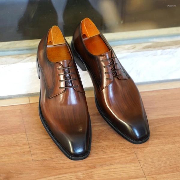 Chaussures habillées italiennes plates hommes de luxe en cuir véritable marque à la main qualité bout carré lacets fête d'affaires sociale