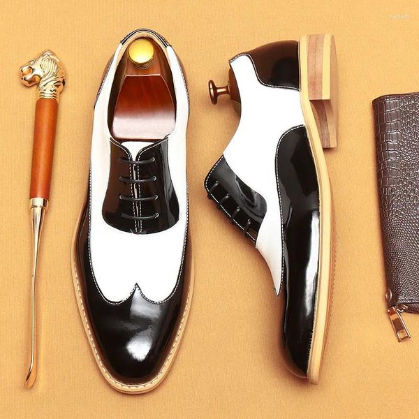 Chaussures habillées en cuir breveté italien formel noir blanc couleur mélange luxe authentique la mode de mode de mariage oxfords homme