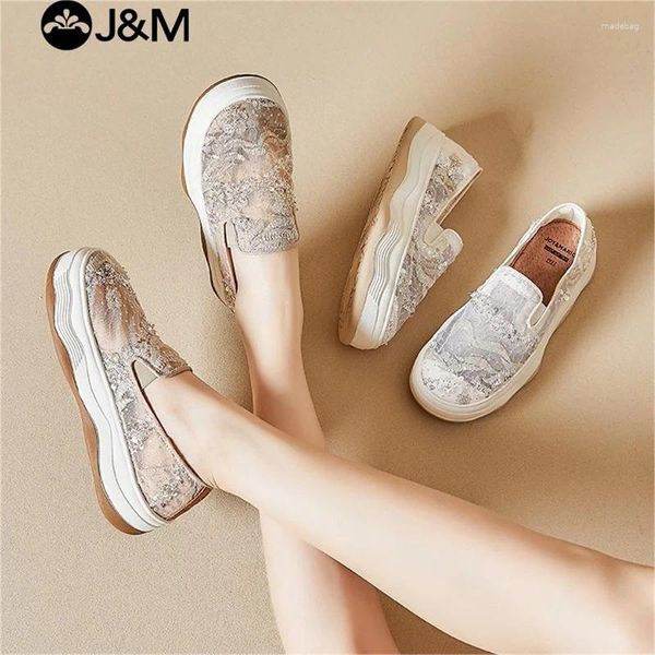 Zapatos de vestir jm mujer mocasines 4cm plataforma 2024 Spring Lady Summer Sequins Mesh transpirable Slip-On White Casual