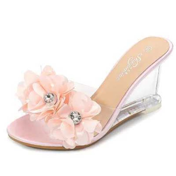 Zapatos de vestir Estilo japonés Cuñas poco profundas Zapatilla femenina Mujeres 2023 Tacón alto 8 cm Sandalias de verano de cristal transparente H240325