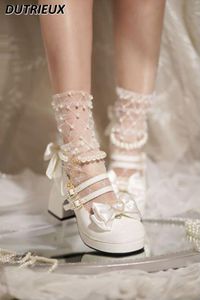Chaussures habillées Style japonais doux épais talon haut femmes Bowknot talons de perles en cuir noir Paltform pompes Lolita chaussure femme 231017