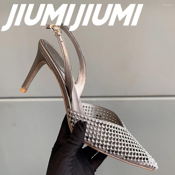 Zapatos de vestir jiumijiumi mujer hecha a mano dedos puntiagudos tacones delgados pozos bombas de cristal decora hueco slingbacks sexy slingbacks