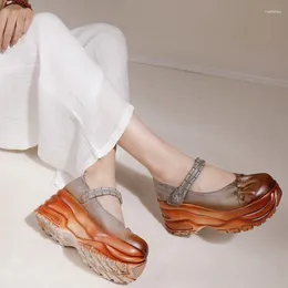 Chaussures habillées johnature rétro épais semelles cales 2024 printemps en cuir authentique Pumps à bout de plate-forme à la main