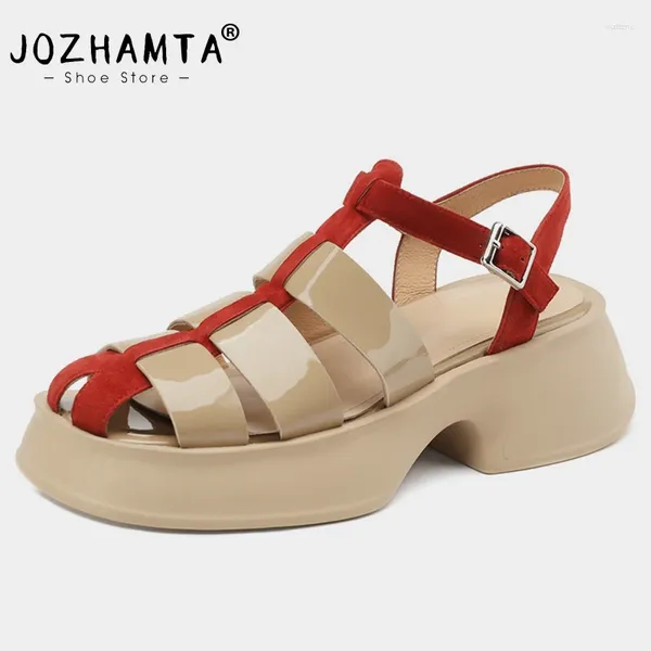 Zapatos de vestir Jozhamta Tamaño 34-39 Roma Sandalias Mujeres Real Cuero Tacones altos Verano Mujer 2024 T-Strap Tejido Retro Plataforma Sandalias
