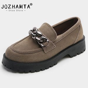 Chaussures habillées JOZHAMTA Taille 3442 Mocassins décontractés pour femmes Chaussures plates en cuir véritable Plate-forme Chaussures Mode Chaîne Chunky Talon Dames Rétro Bureau 230511