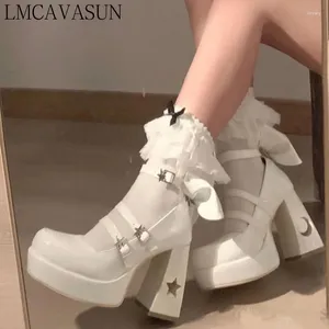 Kledingschoenen Kawaii Lolita Girl -platform Mary Jane Punk Star Moon Buckle Strap Super High Heels 2024 Vrouwelijke Cool Rivet Pumps