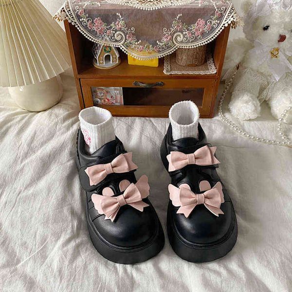 Chaussures habillées Kawaii rose nœud papillon Mary Janes Femme 2022 printemps mode Pu filles Streetwear Lolita Style japonais étudiants 220516