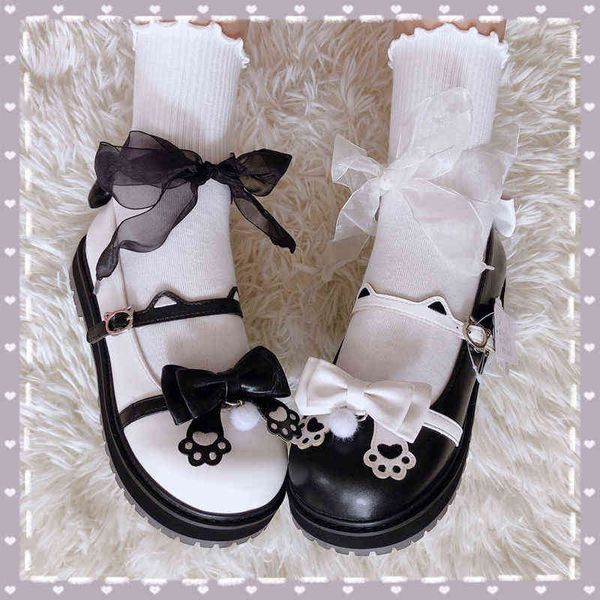 Zapatos de vestir Kawaii Mujer Lolita 2022 Otoño Encaje Zapatillas Mujer Lovely Cat Paw Mujer Moda Arco Mary Janes Señoras Calzado 220516