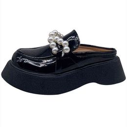 Jurk schoenen koreaans klein lederen schoenen harajuku stijl mode parel kralen platform loafers vrouwen sandalen avondfeest 220321
