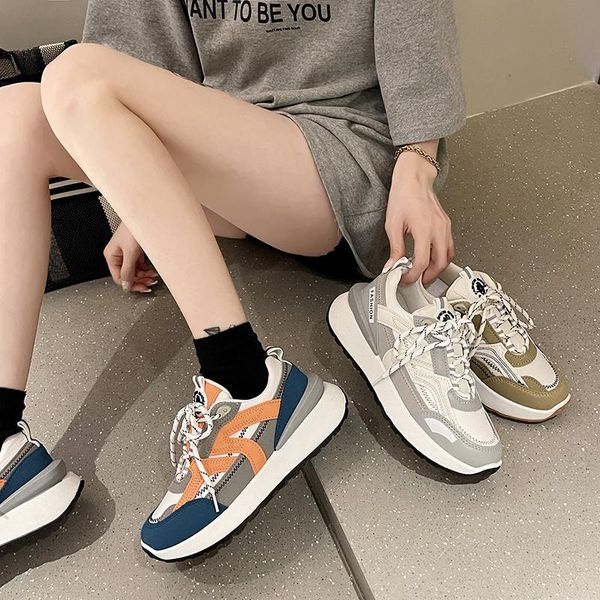 Kleid Schuhe Koreanischen Stil Orange Mode Für Frauen Chunky Turnschuhe Weibliche Outdoor Gemischte Farbe Lace Up Casual Bequeme Blau