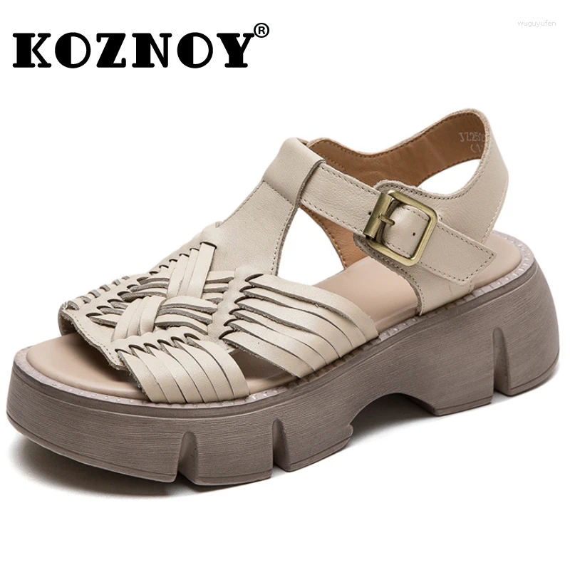 Robe chaussures Koznoy 4.5cm plate-forme ethnique Wedge été automne femmes vache en cuir véritable dames ronde printemps peu profond Mary Jane luxe