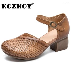 Chaussures habillées koznoy 5,5 cm femmes imprimé tissage rétro vache authentique cuir boucle d'été mode mixte couleurs dames talons grossiers peu profonds